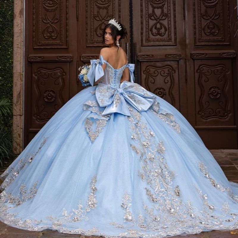 Sky Blue Shiny Quinceanera Dresses Ball Gown Off The Shoulder Applique Lace Beading Crystal Bow Tull Corset Sweet 16 Dress Vestidos 15 Anos