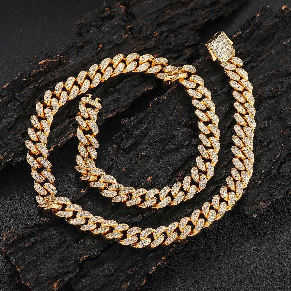 Hip Hop Zircon 12mm Spring Clasp Double Row Full Dia Cuban Chain Trendy Men's Necklace Jewelry 46a0