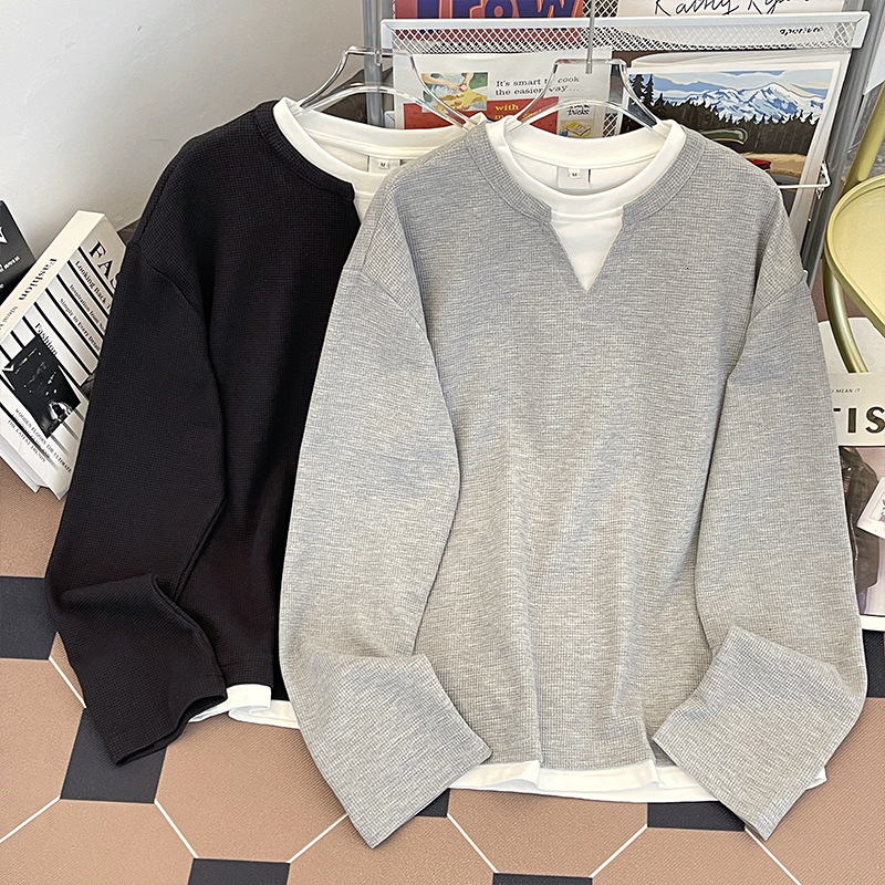 Spring and Autumn Waffle Fake Two-Piece Long Sleeve T-Shirt for Men Cleanfit Trendy Brand Simple Casual Loose Top