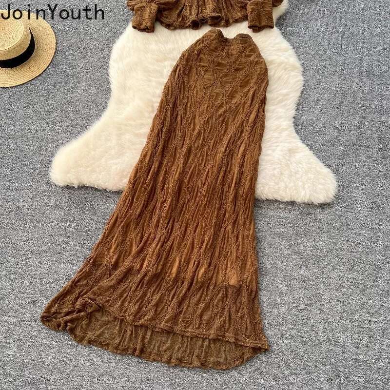 Korean 2 Piece Set Women Clothing 2025 V-neck Slim Waist Tops Slim Fit Bodycon Long Skirt Outfits Chic Temperament Folds Suit