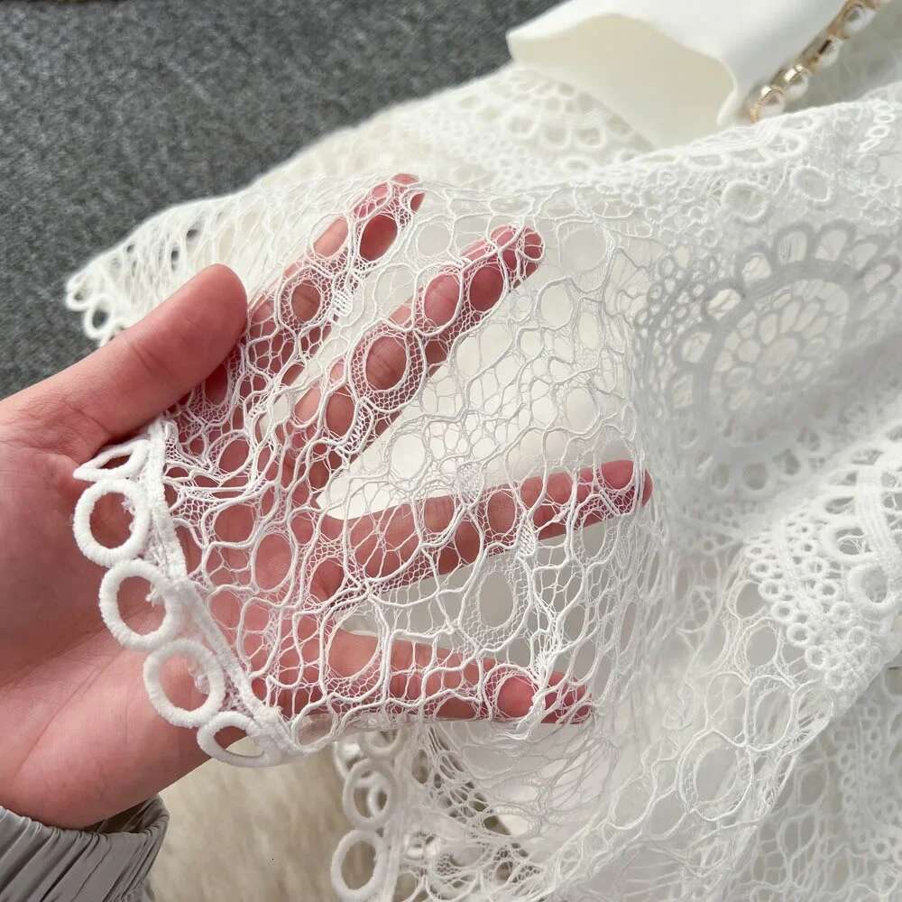 Vintage White Woman Dress Elegant Stand Neck Single Breasted Lace Robe Femme Ruffles Hollow Out Temperament Vestidos De Mujer