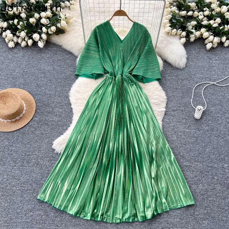Maxi Dresses Women Solid Color Folds Temperament Robe Femme Slim Waist A-line V-neck Summer Pleated Dress 2025 Vestidos De Mujer