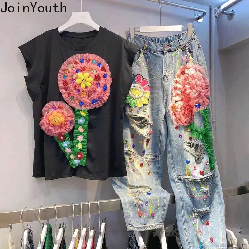 White Woman Tshirts Chic Sweet Summer Tees Short Sleeve O-neck Camisetas Women Clothing Gauze Floral Heavy Beading T-shirt Tops