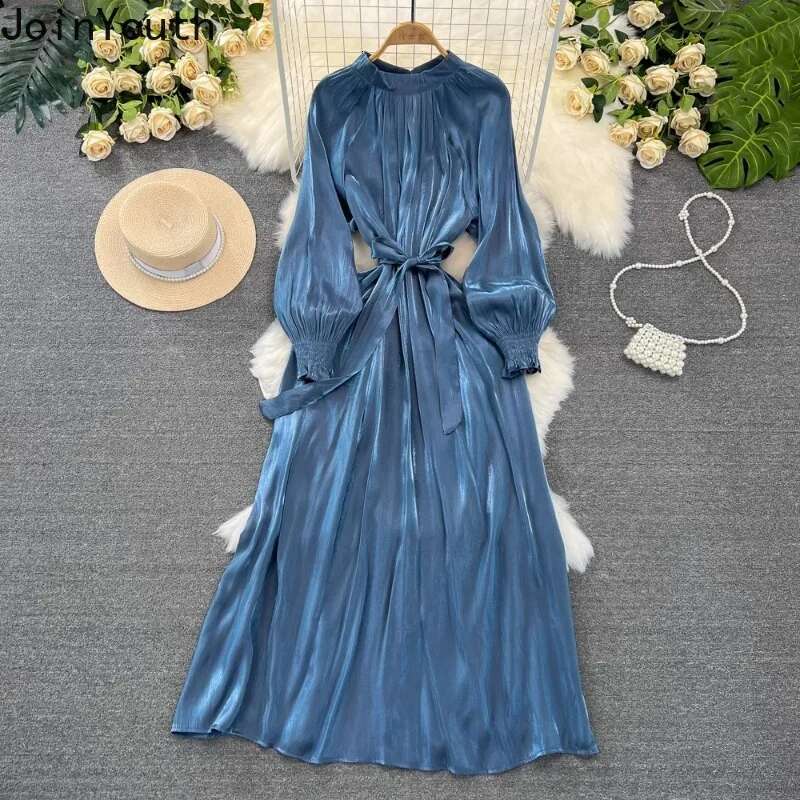 Maxi Dresses Women Temperament Lantern Sleeve Stand Neck Robe Femme 2025 Vestidos De Mujer Bandage A-line Vintage Summer Dress
