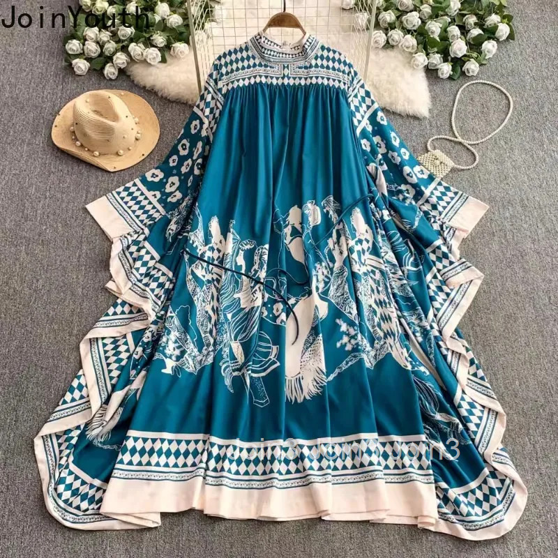 2025 Vestidos De Mujer Maxi Dresses for Womens Stand Neck Floral Print Elegant Summer Dress Loose Vintage Korean Robe Femme
