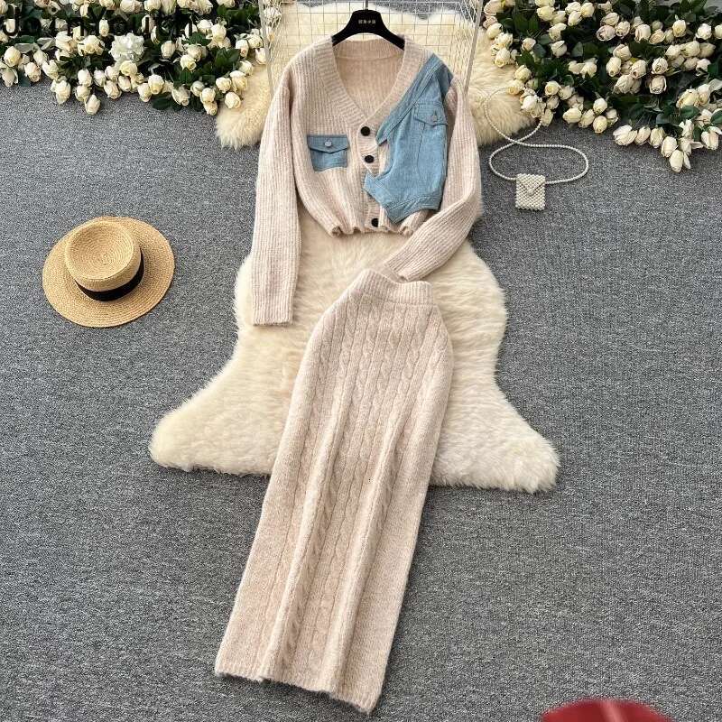 Korean Clothing Knitted Two Piece Sets for Women Patchwork Denim Cardigan Coat High Waist Bodycon Skirt Outfits Chic Casual Suit