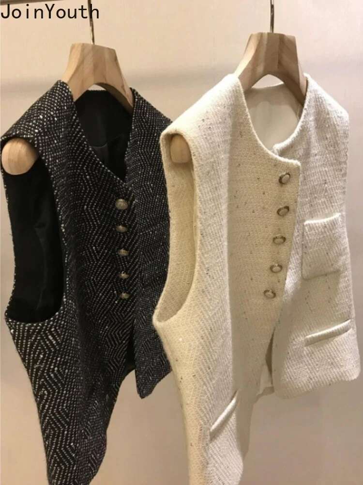 Sleeveless Cardigan Women Temperament Vest Coats Ropa Mujer O-neck Single Breasted Thicked Waistcoat Sequin Tweed Tanks Tops