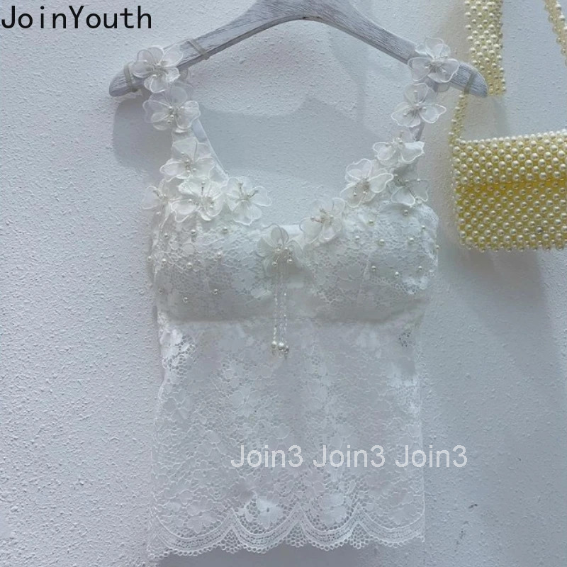 Sexy Tanks for Women Beading 3D Floral Lace Camis 2025 Ropa Mujer Crop Tops V-neck Sleeveless Slim Fit Fashion Sweet Vest 7p464