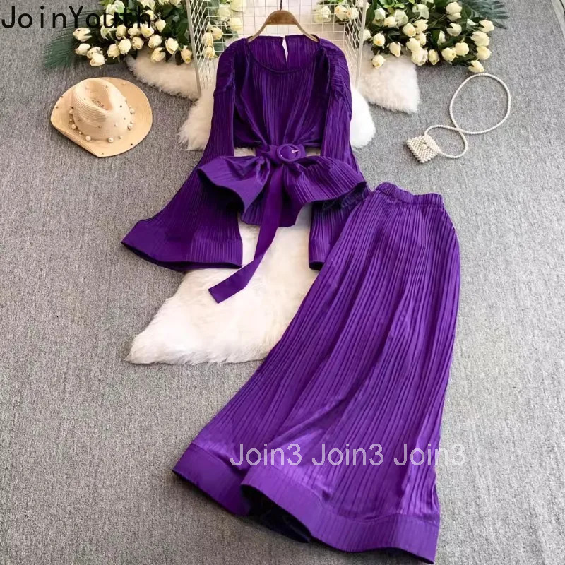 Two Piece Sets Womens Outifits Korean Clothing O-neck Flare Sleeve Shirt High Waist A-line Skirt Suit Solid Color Pleated Set