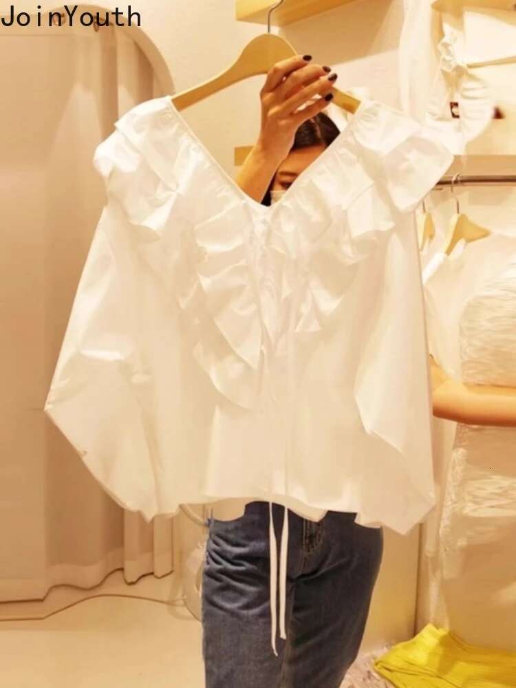 Korean Blouse Women Clothing 2025 Camisas De Mujer V-neck Ruffles Puff Sleeve Shirts Loose Sweet Tops Casual Chic White Blouses