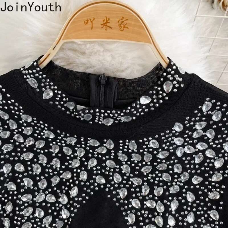 Party Dress Women 2025 Vestidos De Mujer O-neck Long Sleeve Hollow Out Temperament Sexy Robe Femme Bodycon Diamond Maxi Dresses