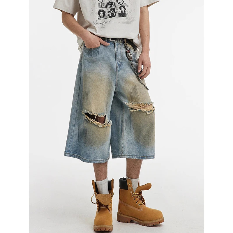 Mens Ripped Denim Shorts Vintage Y2K Knee Length Jean Shorts Streetwear Korean Oversize Cowboy Short Pants 2000s Clothes Summer 250617