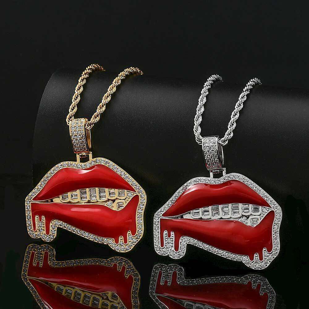 Hip Hop Jewelry Oil Drip Red Lips Copper Inlaid Zircon Trendy Brand Personality Men's Pendant Necklace 5652