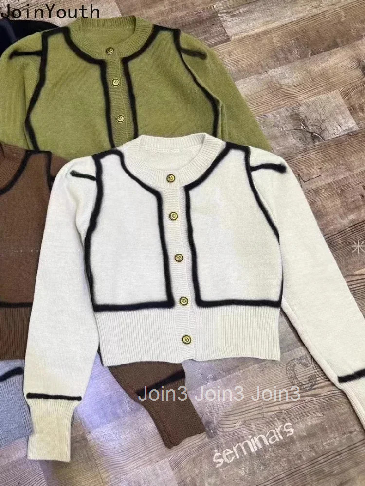 Women Clothing Cropped Cardigan Coat 2025 Ropa Mujer O-neck Contrast Color Pull Femme Knitting Vintage Sweaters Tops Female