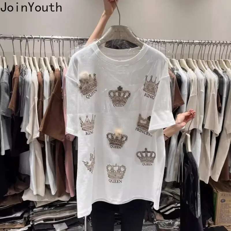 Oversized Tshirts 2025 Womens Clothing Short Sleeve O-neck Summer Tees Y2k Tops Ropa Mujer Casual Korean Chic Diamond T Shirts