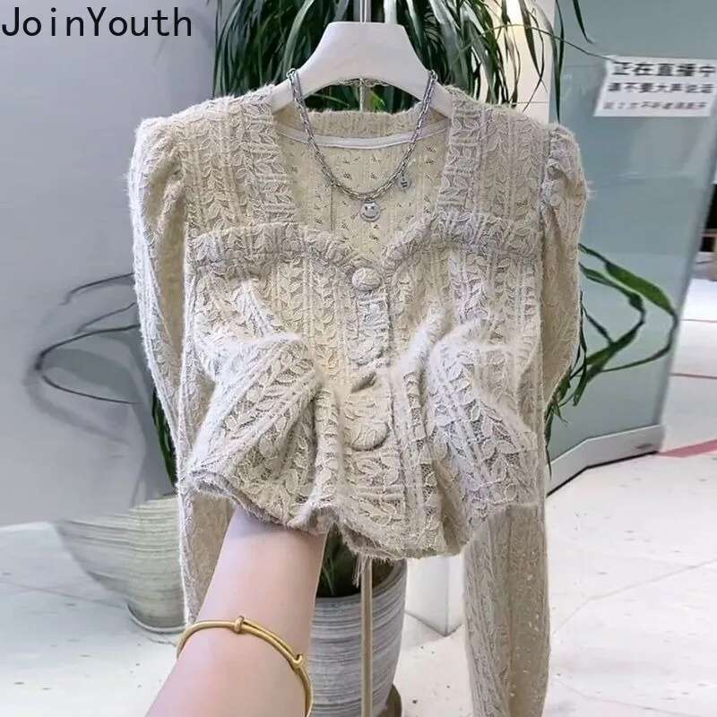 Solid Color Square Collar Tunic Blouses Women Clothing Lace Puff Sleeve Crop Tops 2025 Camisas De Mujer Hollow Out Shirt Blouse