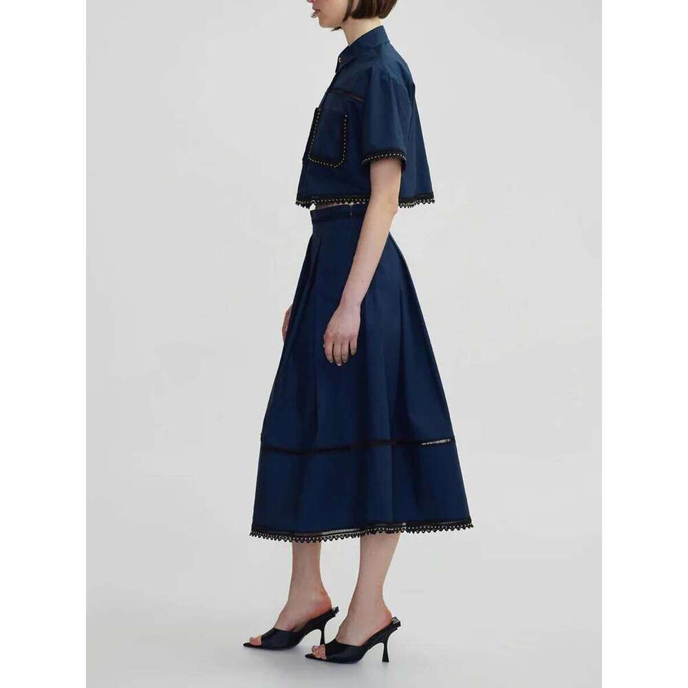 Solid Two Piece For Women Lapel Short Sleeve Tops High Waist A Line Skirt Slimming Sets Female Fashion Style