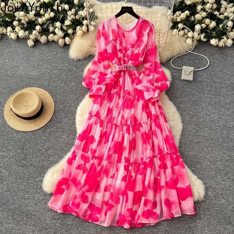 Maxi Dress Women Summer Temperament Floral Robe Femme 2025 Vestidos De Mujer Bandage Slim Waist Floral Big Swing Chiffon Dresses