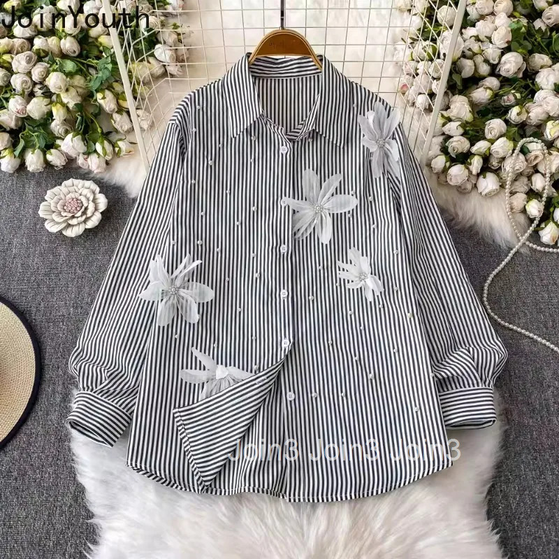 2025 Blusas Mujer De Moda Fashion Striped Blouses Womens Clothing Chic Beading Long Sleeve 3D Floral Loose Summer Shirt Tops