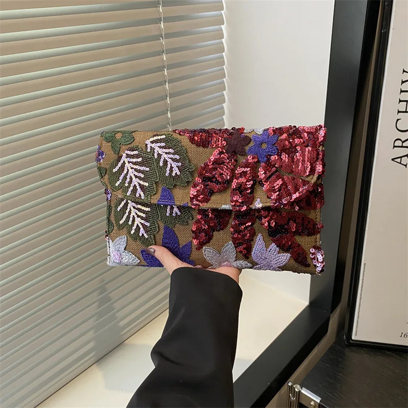 Women Evening Bag Floral Embroidery Sequin Evening Clutch Bag Envelope Package Beach Bag for Women Wedding Vacation Travel 250617