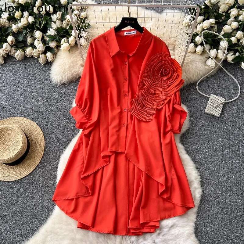 Korean Fashion Women Shirt 3D Floral Long Sleeve Irregular Blouses 2025 Blusas Mujer De Moda Casual Loose Summer Blouse Tops
