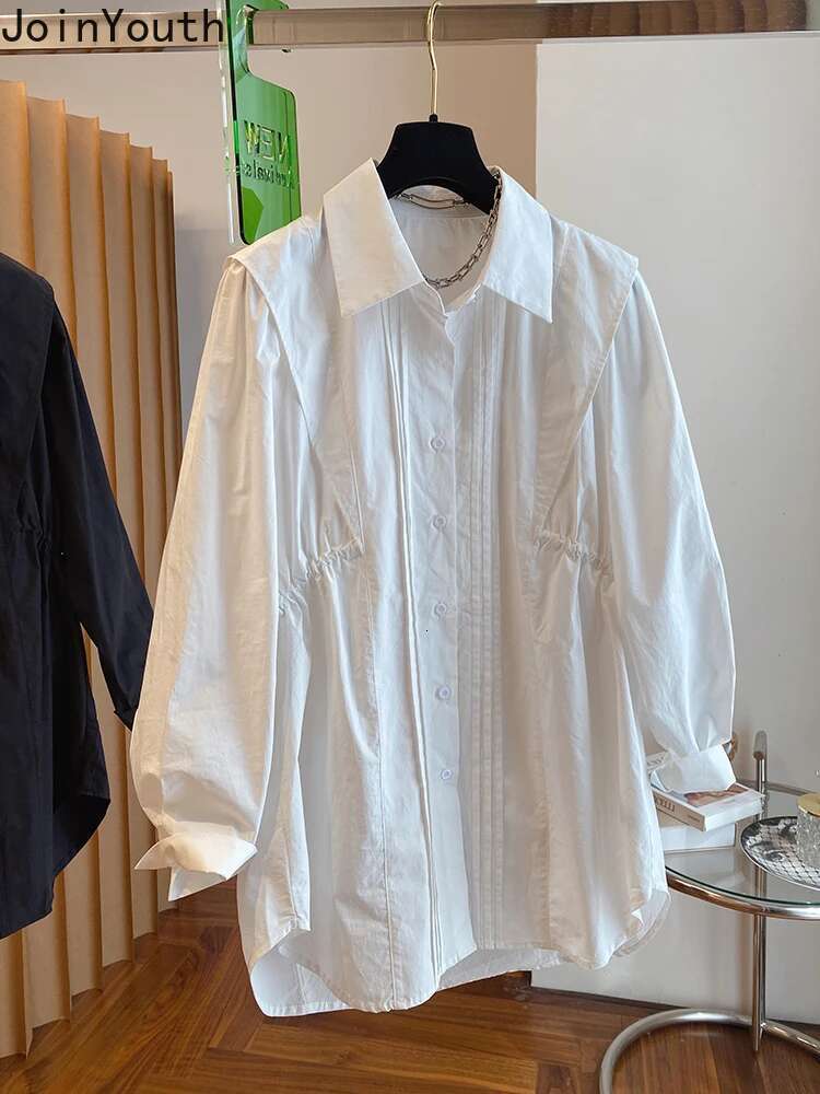 Vintage Blouse Women Camisas De Mujer 2025 Drawstring Folds Slim Waist Shirts Oversized Tops Fashion Temperament White Blouses