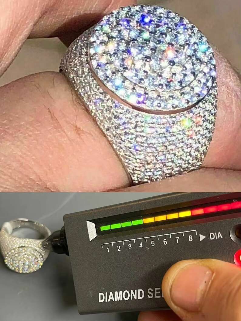 Mens Iced Out Moissanite Round Hip Hop Rapper Pinky Ring Solid 925 Sterling Silver Sizes 7 to 11 PASSES DIAMOND TESTER