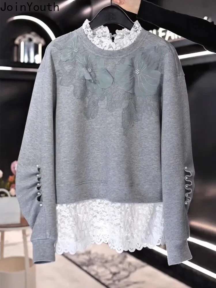 Korean Sweatshirts Patchwork Lace Thicked Long Sleeve Half High Collar Hoodies Fashion Y2k Tops Casual Floral Vintage Hoodie