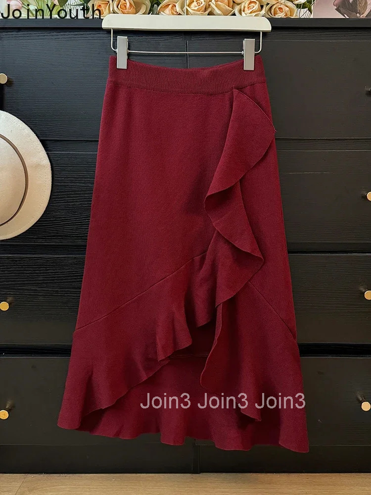 Knitted Women Skirts Vintage Korean Saia High Waist Bodycon Split Jupe 2025 Faldas Mujer De Moda Ruffles Tunic Irregular Skirt