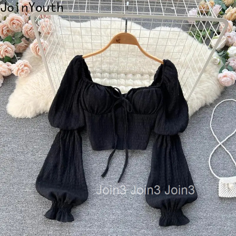 Summer Crop Tops Fashion Blouse Women 22024 Blusas Mujer De Moda Square Collar Puff Sleeve Bandage Tunic White Blouses Shirts