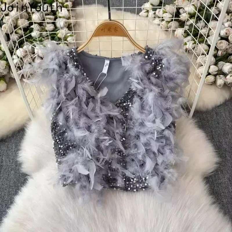 Fashion Outfits Women Clothing 2 Piece Set Sequin Feather Sexy Vest High Waist Bodycon Skirt Suit Roupas Femme Chic Summer Sets