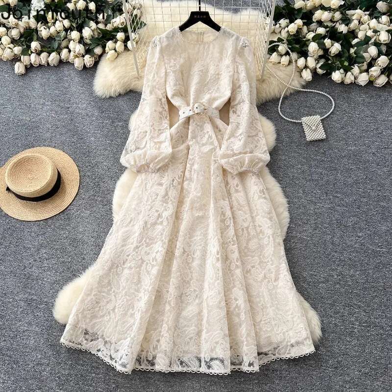 Vintage Maxi Dresses for Women Puff Sleeve Lace Hollow Out Robe Femme 2025 Vestidos De Mujer A-line Temperament Summer Dress