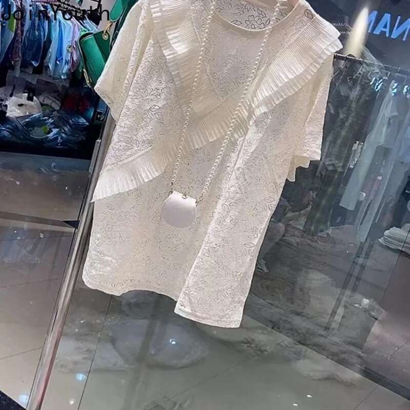 Oversized Tshirts for Women Patchwork Lace Summer Tees Fashion Casual Korean Tees Hollow Out Ruffles T-shirt 2025 Ropa Mujer