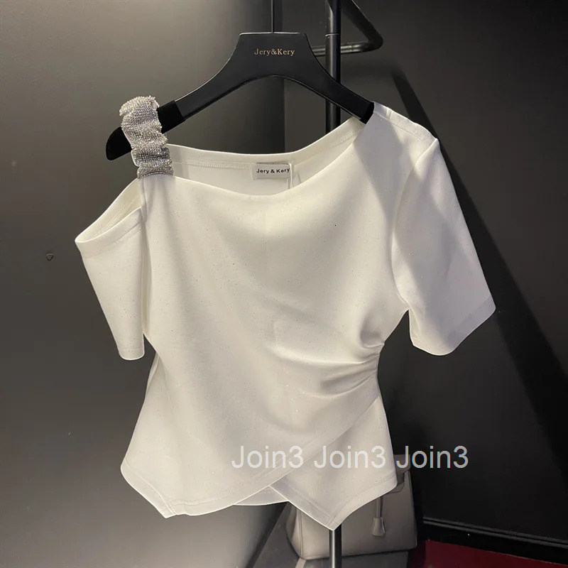 Crop Tops Tshirts for Women Solid Color Diamond Tunic Tees 2025 Ropa Mujer Slim Waist Off Shoulder Fashion Sweet Sexy T-shirt
