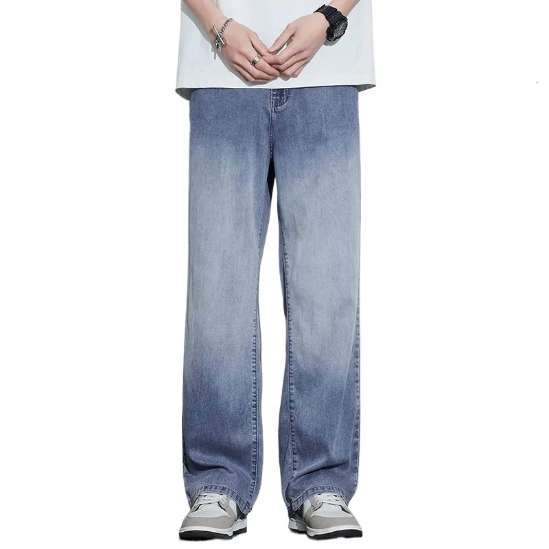Summer thin Lyocell Tencel jeans for men straight leg loose fit wide leg drooping sensation gradient polished white pants 250617