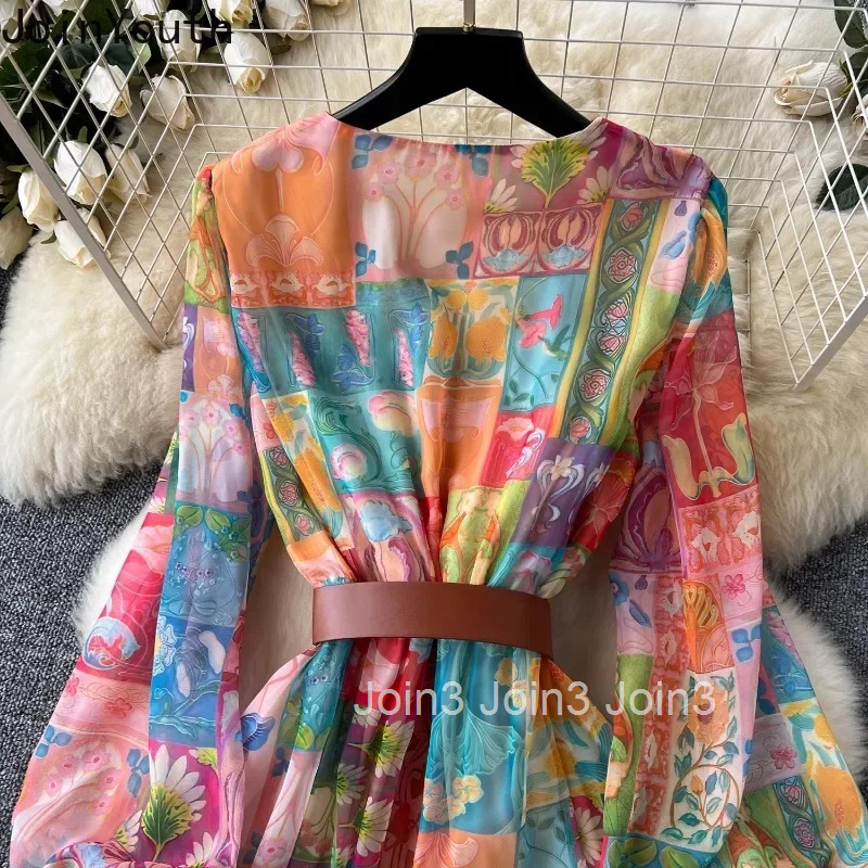 2025 Vestidos De Mujer Maxi Dress for Women V-neck Lantern Sleeve Chiffon Robe Femme Slim Waist Floral Big Swing Summer Dresses