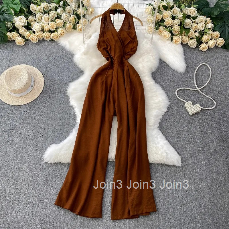 Summer Jumpsuits for Women Temperament Sexy Backless Bodysuit Slim Waist High Waist Straight Wide Leg Pants Chic Korean Playsuit