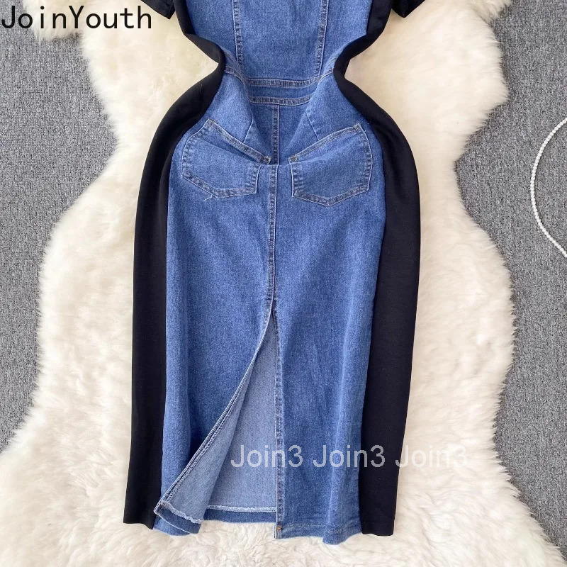 Denim Dresses Women O-neck Slim Waist Temperament TunicSplit Robe Femme 2025 Vestidos De Mujer Casual Chic Bodycon Y2k Dress