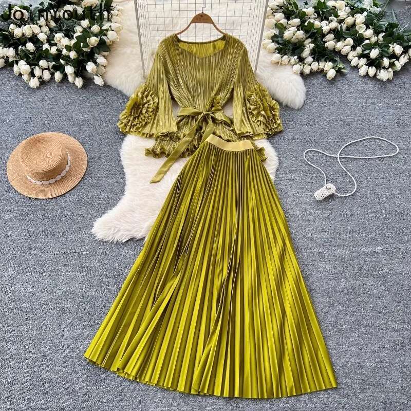 Temperament Two Piece Set Women Clothing Bandage Floral Irregular Tops High Waist Loose Pleated Skirt Suit Chic Vintage Outfits