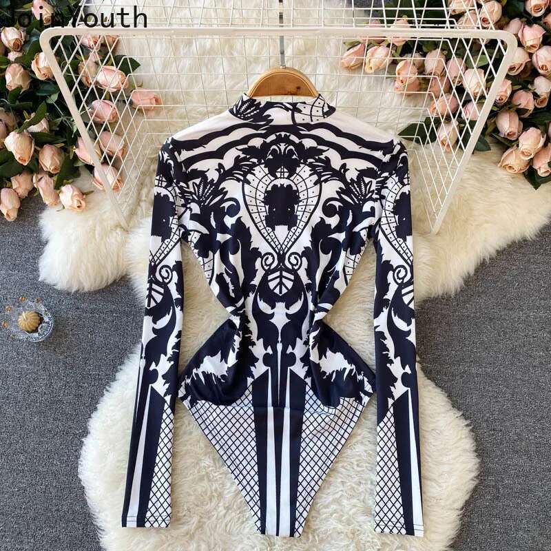 Print Sexy Jumpsuit 2025 Women Clothing Stand Neck Long Sleeve Tunic Bodysuit Fashion Romper Ropa Mujer Korean Playsuit Y2k Tops