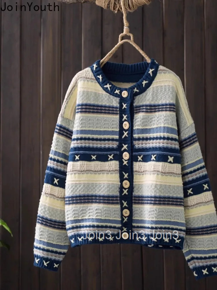 Knitwear Women Cardigan Jackets Pull Femme O-neck Vintage Fashion Striped Knitted Sweater Tops Casual Korean Sueter Mujer 63a526