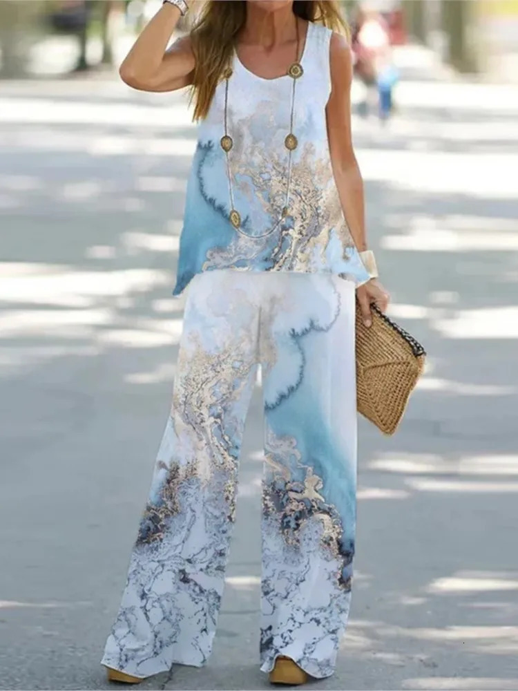 Color Print Pants Sets Women Sleeveless T Shirt Loose Wide Legs Trousers Two Piece Set Fashion Casual Vintage Lady 2 Piece Suit 250617