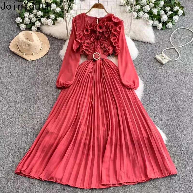 2025 Vestidos De Mujer Vintage Woman Dress Long Sleeve 3D Floral Slim Waist Temperament Robe Femme Elegant Pleated Maxi Dresses