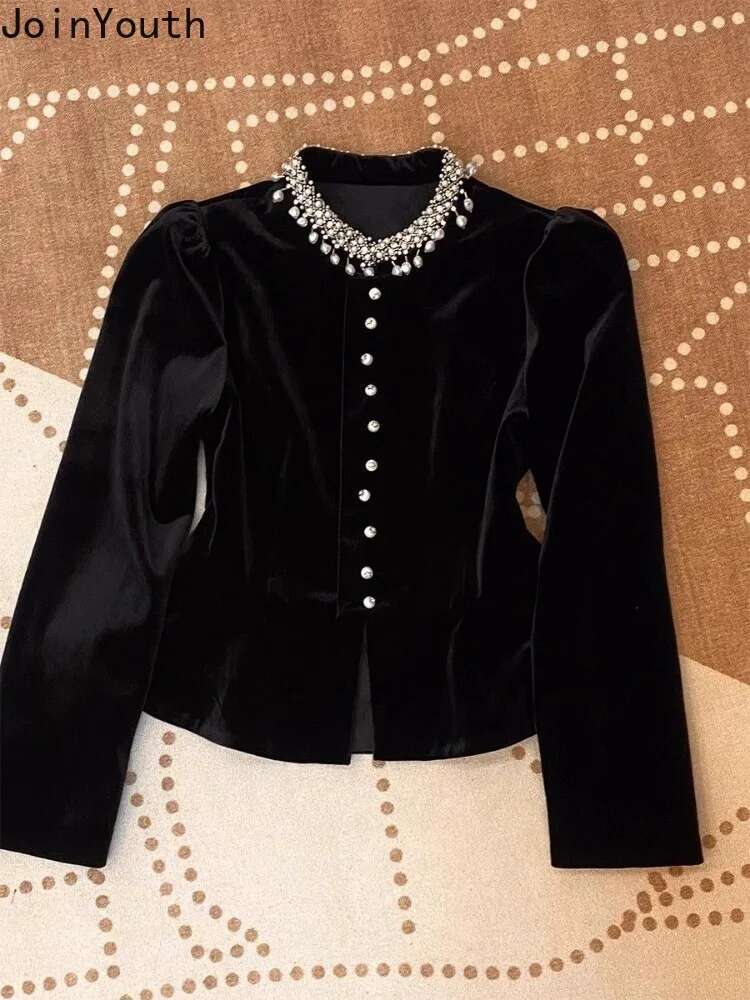 Blouses for Women Black Heavy Beading O-neck Puff Sleeve Shirts 2025 Blusas Mujer De Moda Slim Fit Velvet Vintage Blouse Tops