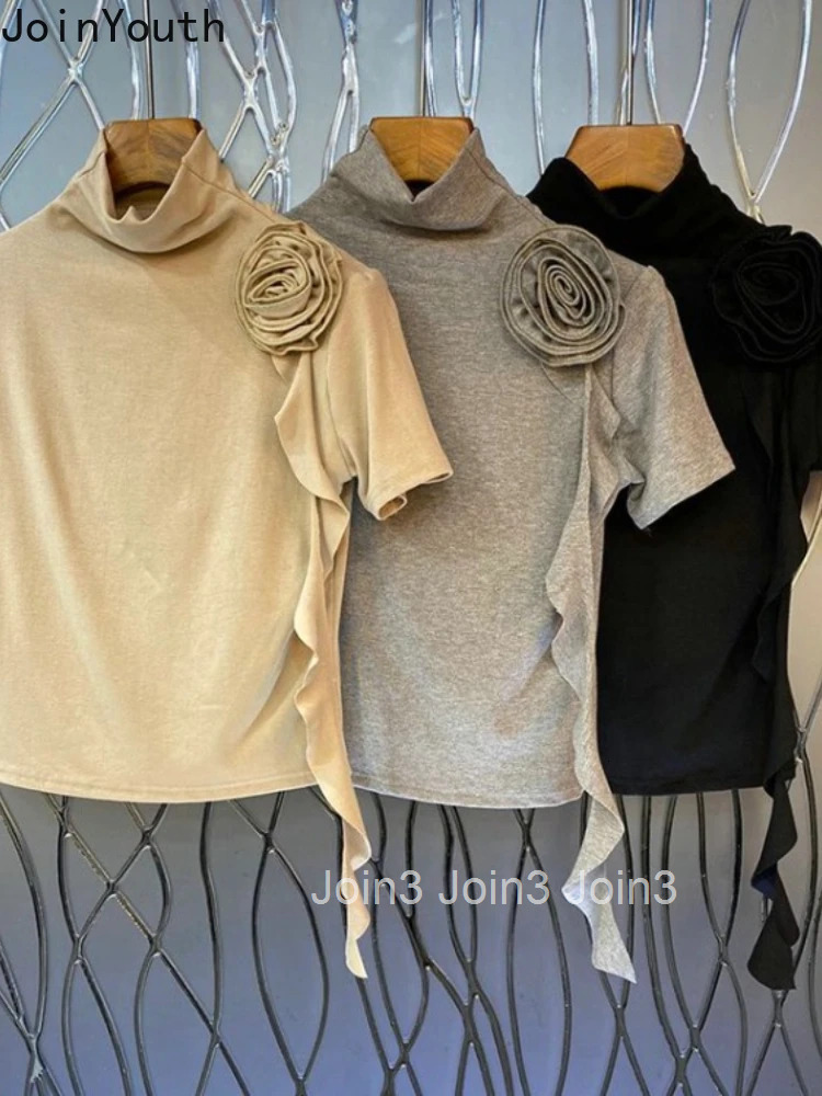 Crop Tops Temperament Woman T Shirts Solid Color Tunic Tees Turtleneck Short Sleeve Camisetas Chic 3D Floral Summer T-shirts