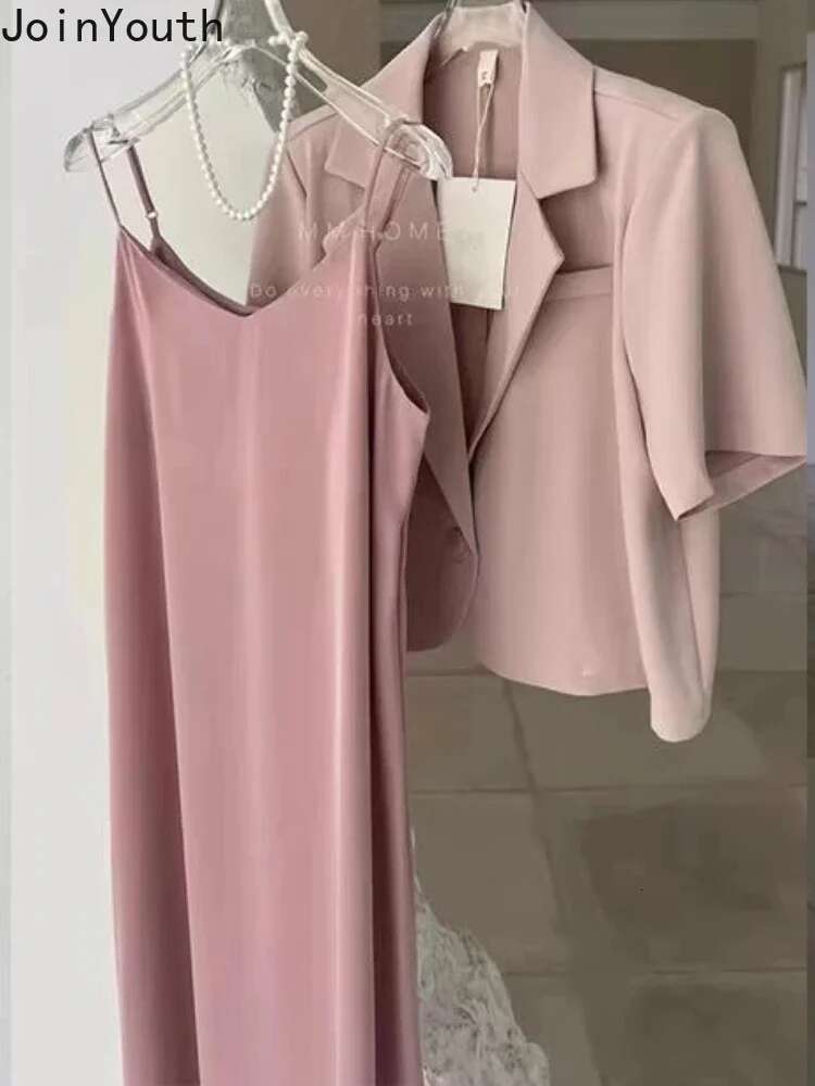 2025 Women Clothing Two Piece Sets Womens Outfits Short Sleeve Blazer Coat Tunic Sling Maxi Dress Suit Temperament Summer Set