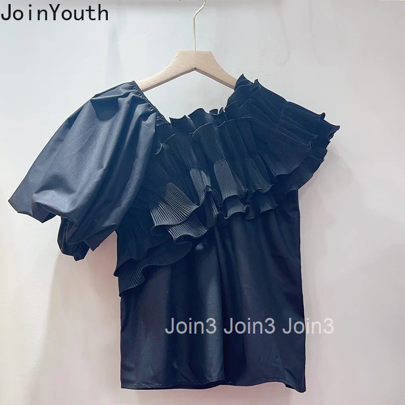 Temperament Lady Tops Chic Summer Blouses Women Clothing 2025 Camisas De Mujer Ruffles Irregular Ruffles Skew Neck White Shirts