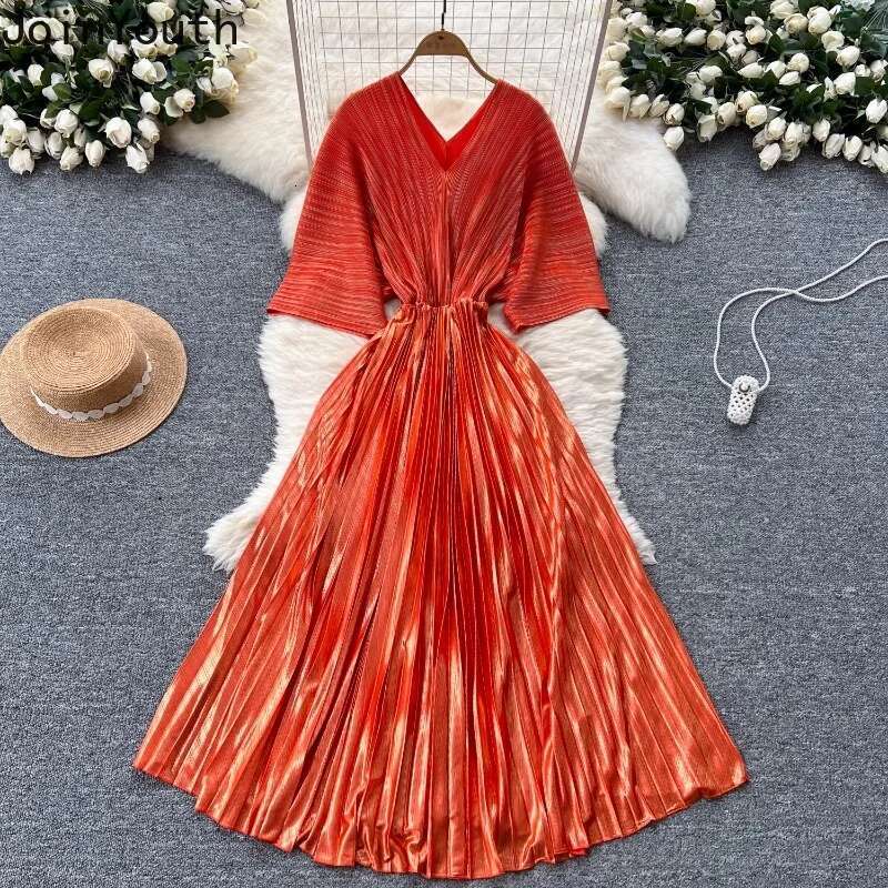 Maxi Dresses Women Solid Color Folds Temperament Robe Femme Slim Waist A-line V-neck Summer Pleated Dress 2025 Vestidos De Mujer