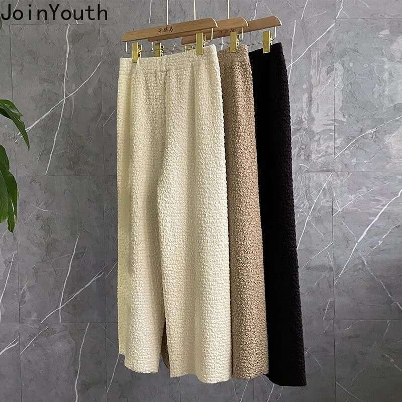 Korean Wide Leg Pants for Women Elastic Waist Tunic Temperament Trousers Casual Straight Tweed Pantalon Femme 2025 New Bottoms