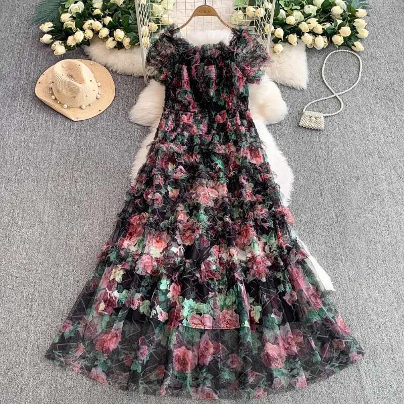 Temperament Robe Femme Summer Maxi Dresses Women 2025 Vestidos De Mujer Stand Neck Slim Waist Floral Folds Gauze Ruffles Dress